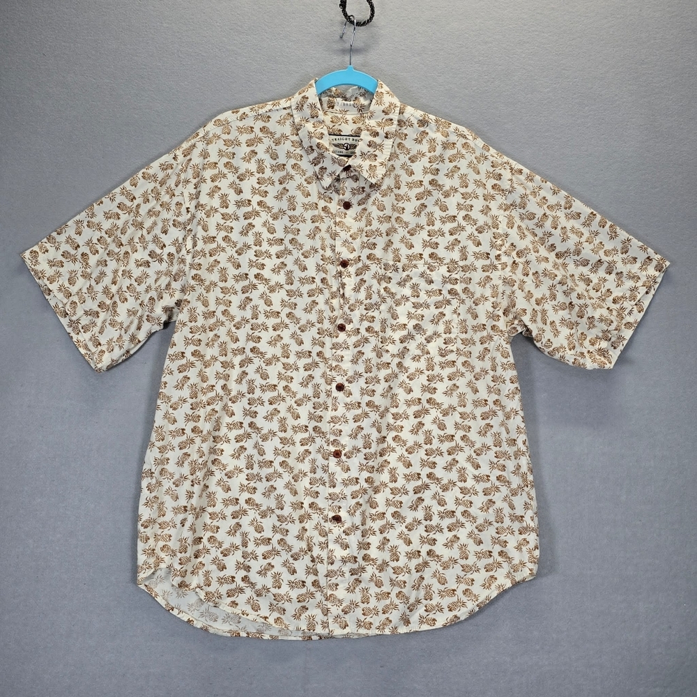 Straight Down Hawaiian Shirt Mens XL Beige Pineapple Short Sleeve Button Up